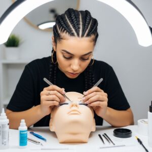 a student practicing eyelash extensions on a mannequin head