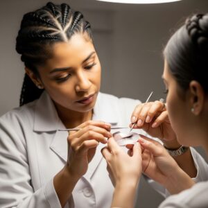 Experienced beauty instructor guiding student's hands