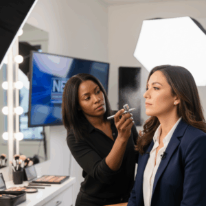 News anchor getting makeup applied
