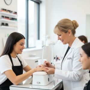 A beauty school teacher checking out a students nail work